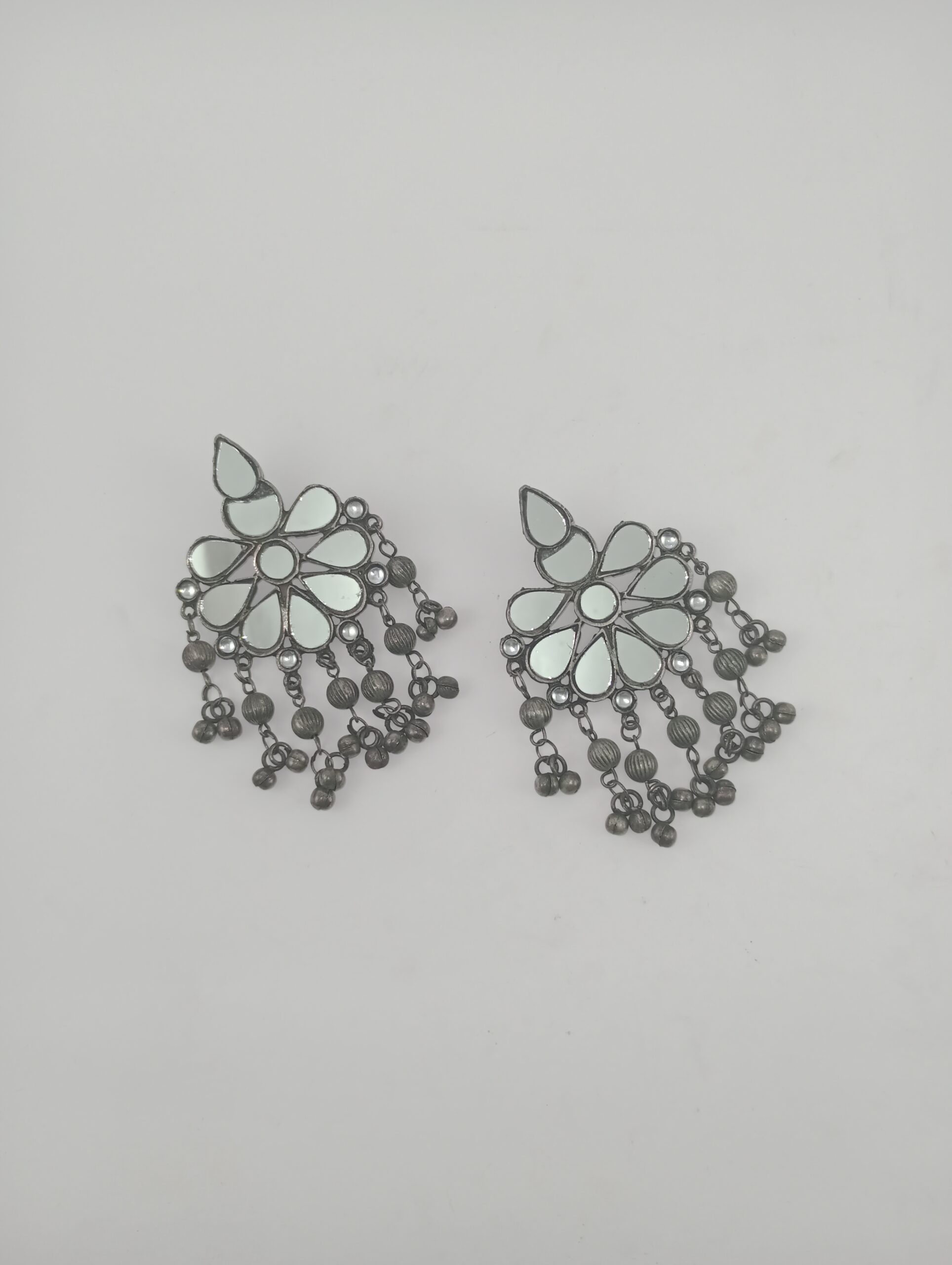 Alloy Silver Oxidised Mirror Earrings, Size: Free Size