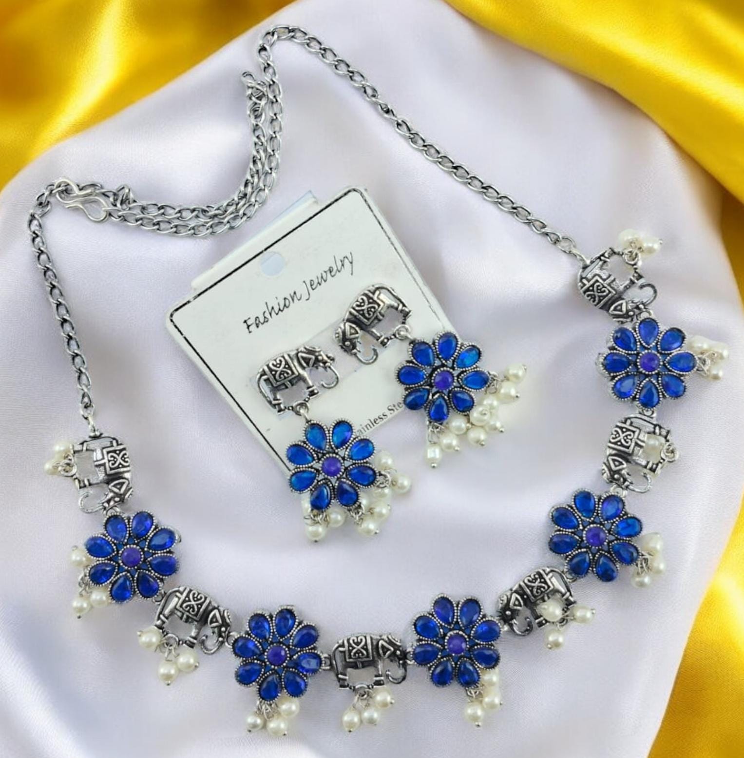 Premium Oxidized Flower Silver Necklace Set