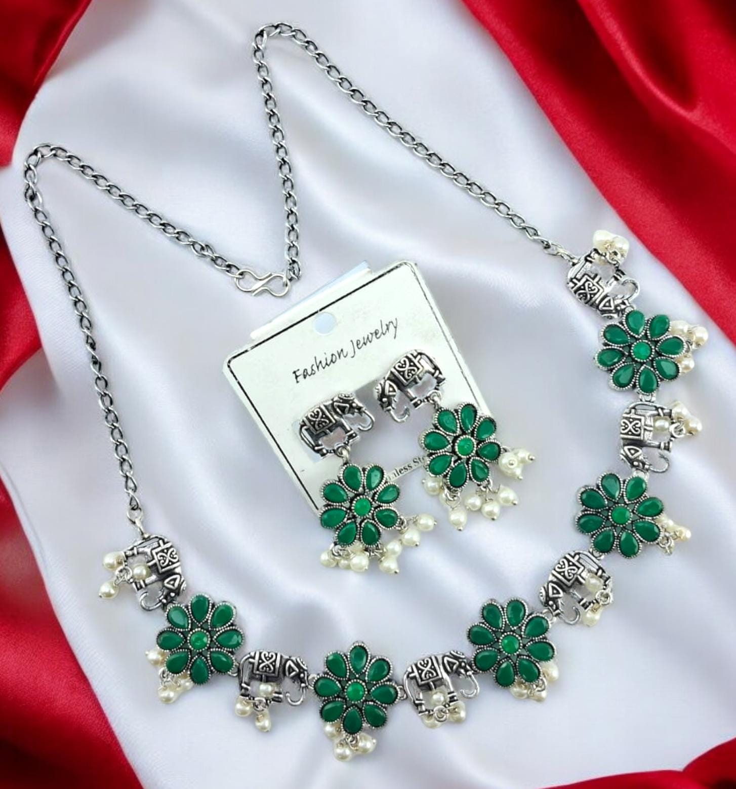 Premium Oxidized Flower Silver Necklace Set