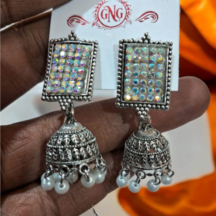 Oxidized Silver Stone Jhumka Earrings