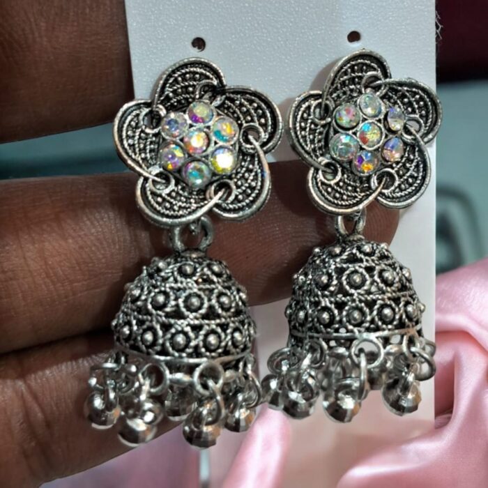 Oxidized Flower Stone Jhumka Earrings