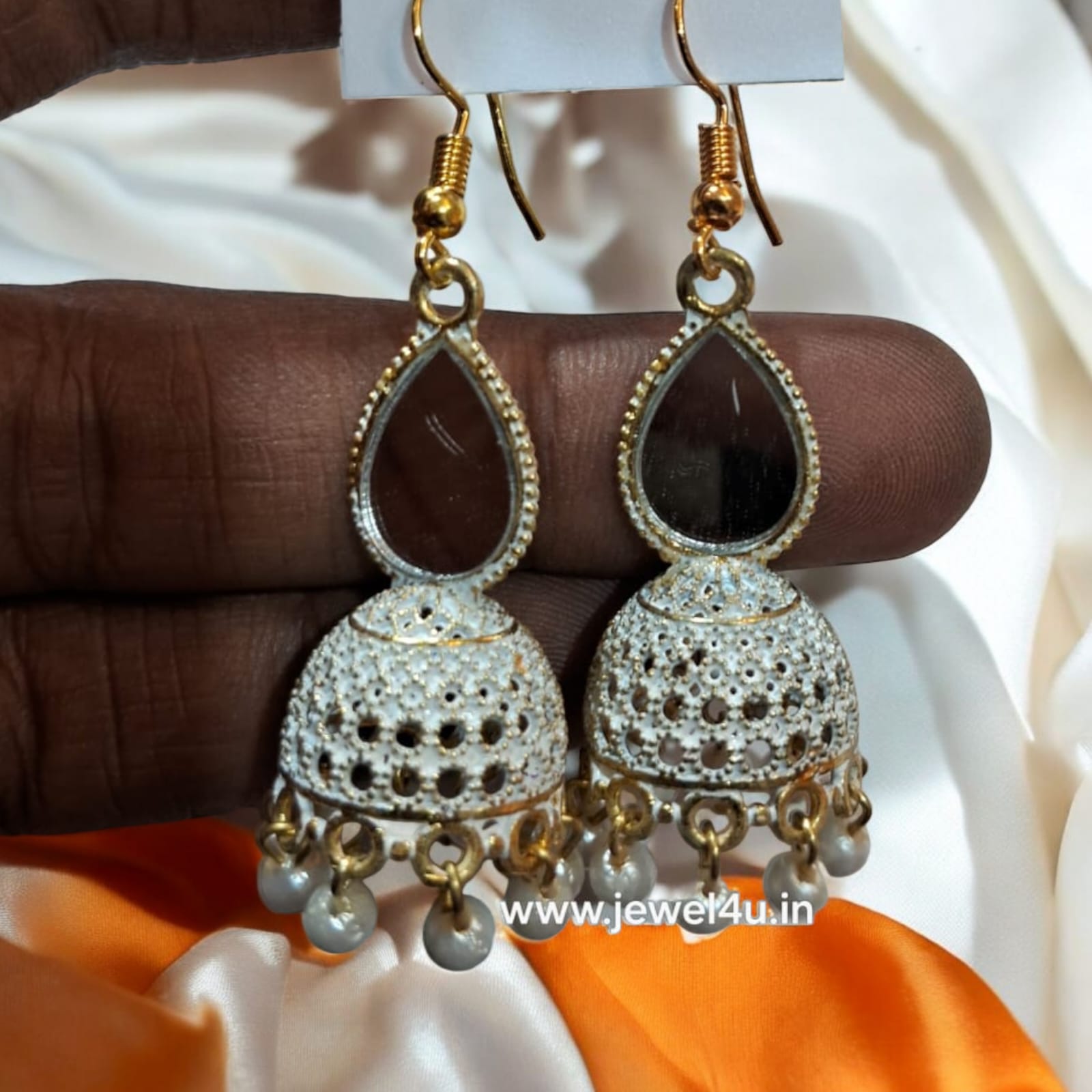 Oxidized mirror hook jhumka earrings