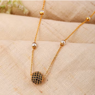 Gold toned AD Black stone Ball chain with Pearl