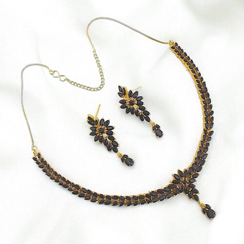 Black Gold-Plated AD Necklace With Earring For Women