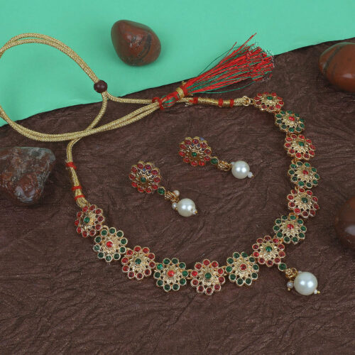 Gold plated stone flower necklace set
