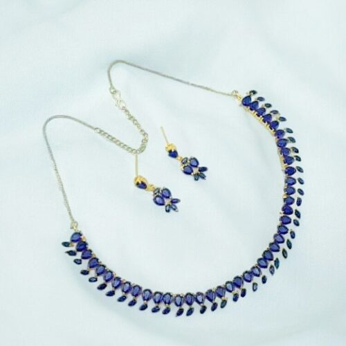 Sapphire Blue Gold-Plated AD Necklace With Earring For Women