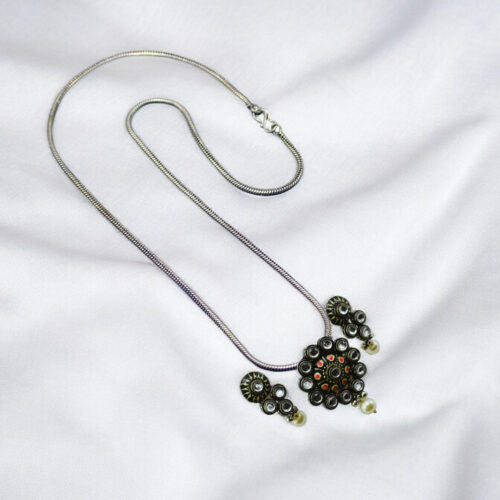 Kundan Oxidized Pendent set with Chain and Earrings