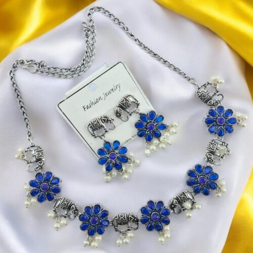 Premium Oxidized Flower Silver Necklace Set
