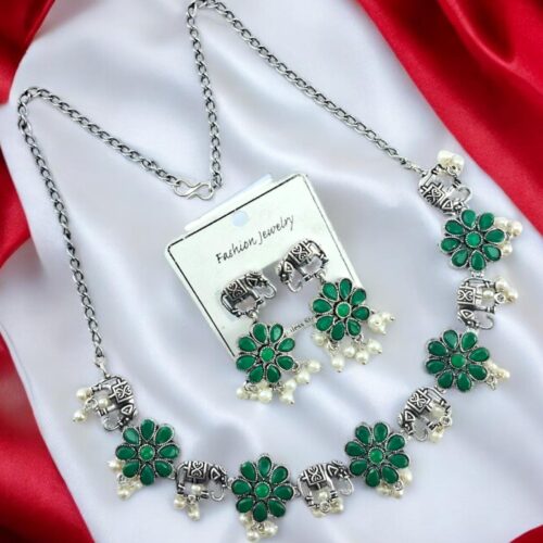 Premium Oxidized Flower Silver Necklace Set