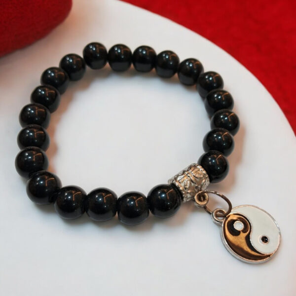 Black Beaded Bracelet with Yin-Yamg Charms