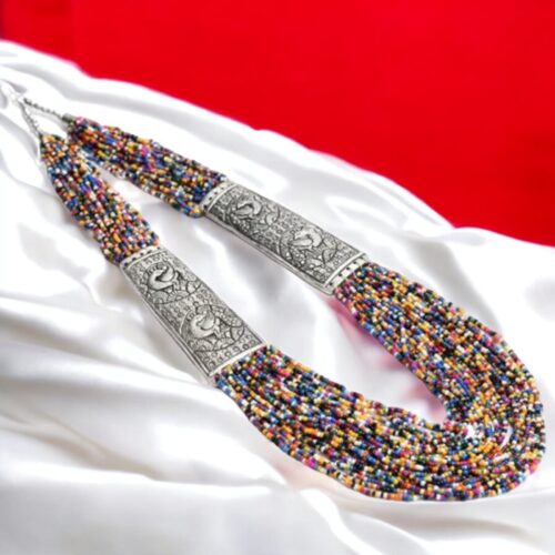 Oxidized Silver Seed Beaded Long Necklace