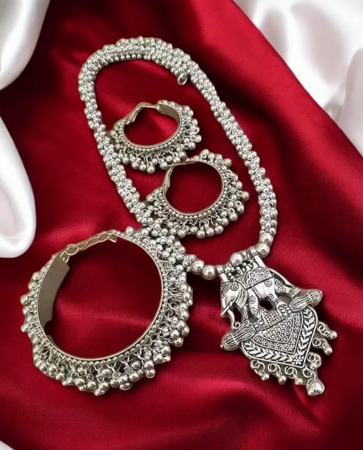 Oxidized Long Elephant Pendant Set with Kada