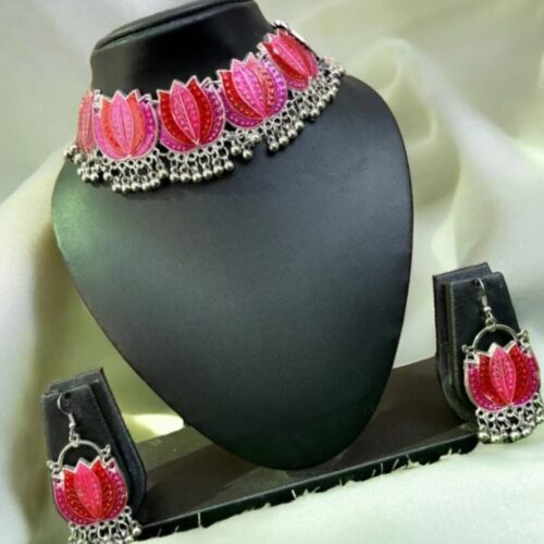 Oxidized Lotus Necklace Set