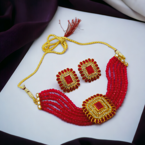 Gold Crystal Stone Choker And Stud Earrings