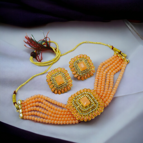 Gold Crystal Stone Choker Necklace And Stud Earrings
