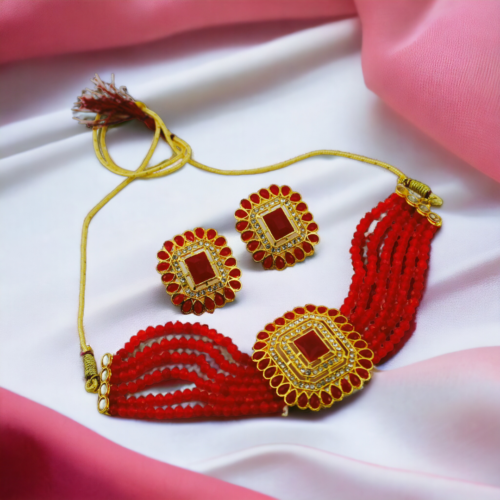Gold Crystal Stone Choker Necklace And Stud Earrings